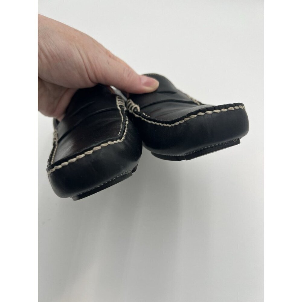 COLE HAAN Driving Shoes Loafers In Black Leather Cream Topstitch Size 8 AA EUC - Picture 10 of 13